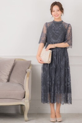 アーミーカーキのハイネック5分袖総レースドレスのサムネイル画像