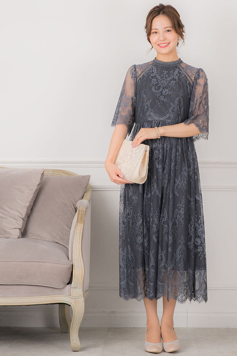 アーミーカーキのハイネック5分袖総レースドレスの商品画像1