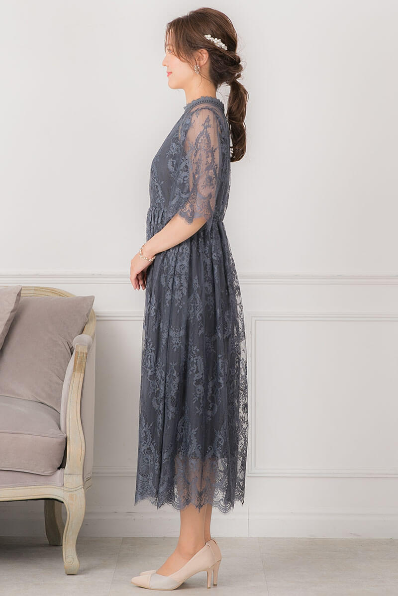 アーミーカーキのハイネック5分袖総レースドレスの商品画像3