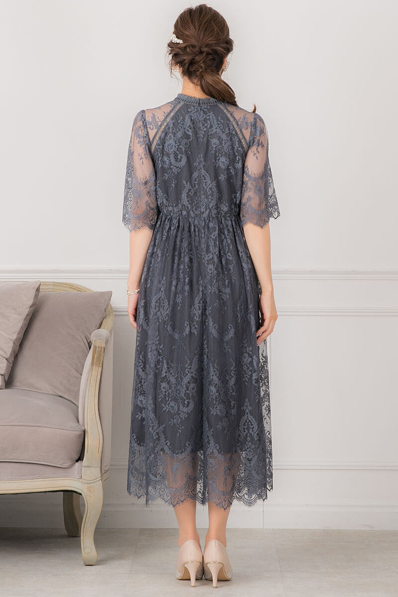 アーミーカーキのハイネック5分袖総レースドレスの商品画像4