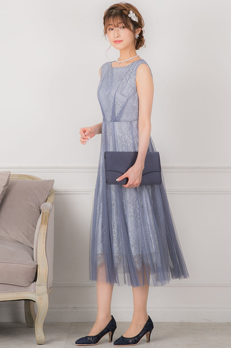 ブルー×グレーのチュールレイヤードドレスの商品画像1