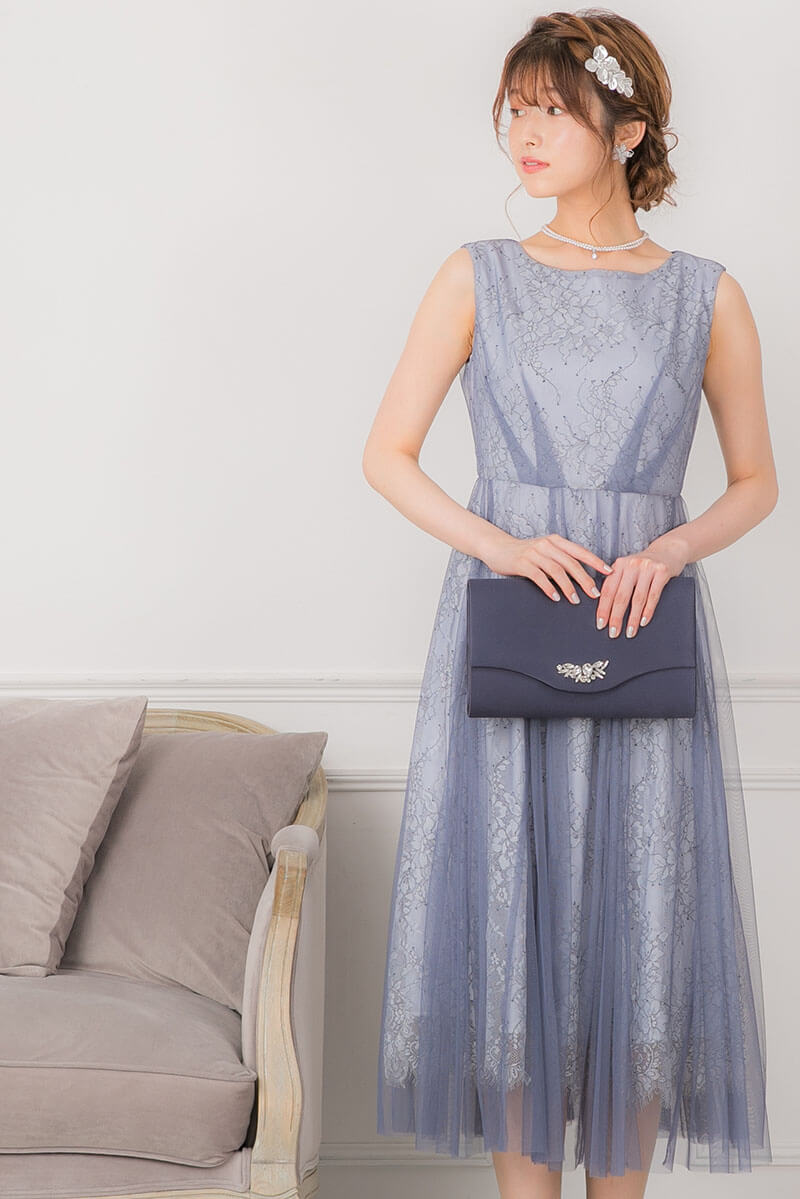 ブルー×グレーのチュールレイヤードドレスの商品画像10