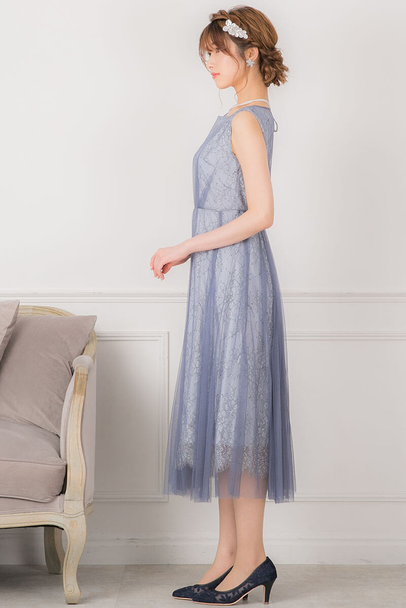 ブルー×グレーのチュールレイヤードドレスの商品画像3