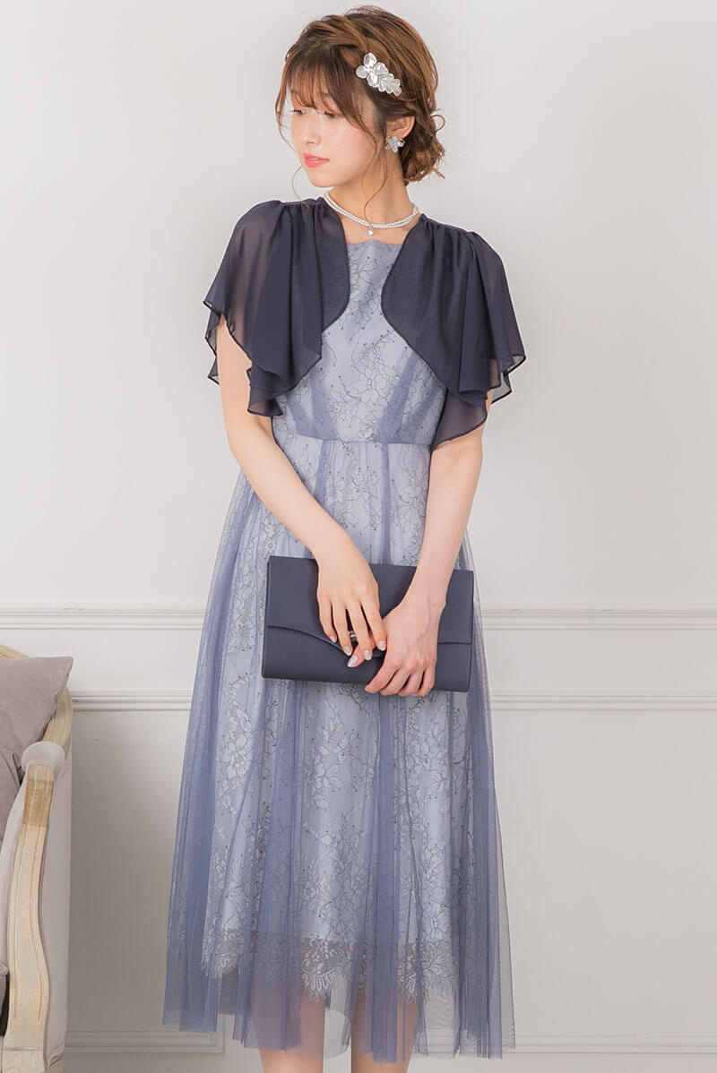 ブルー×グレーのチュールレイヤードドレスの商品画像8