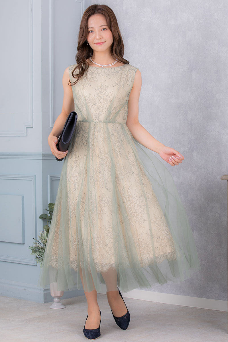 イエロー×ライトカーキのチュールレイヤードドレスの商品画像1
