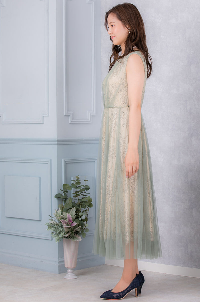 イエロー×ライトカーキのチュールレイヤードドレスの商品画像3