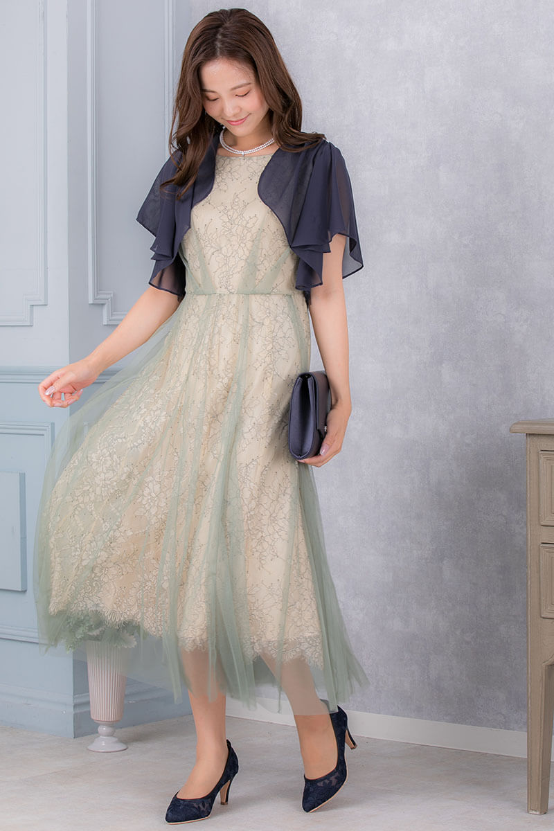 イエロー×ライトカーキのチュールレイヤードドレスの商品画像7