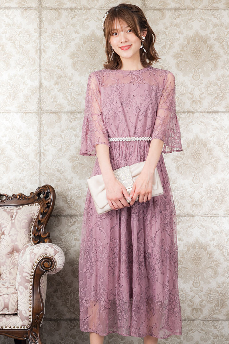 オールドローズの配色レース袖つきドレスの商品画像2