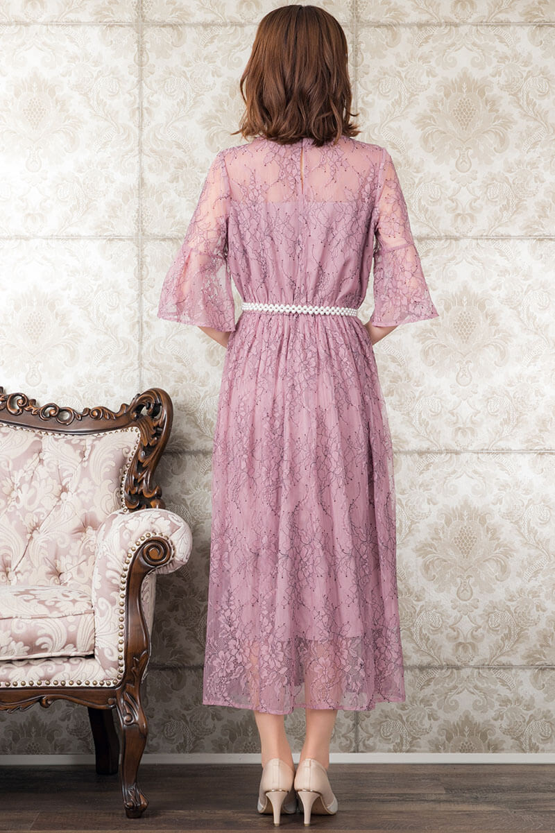 オールドローズの配色レース袖つきドレスの商品画像4