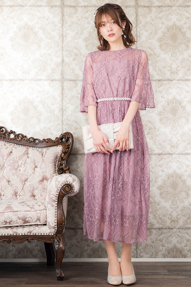 オールドローズの配色レース袖つきドレスの商品画像8
