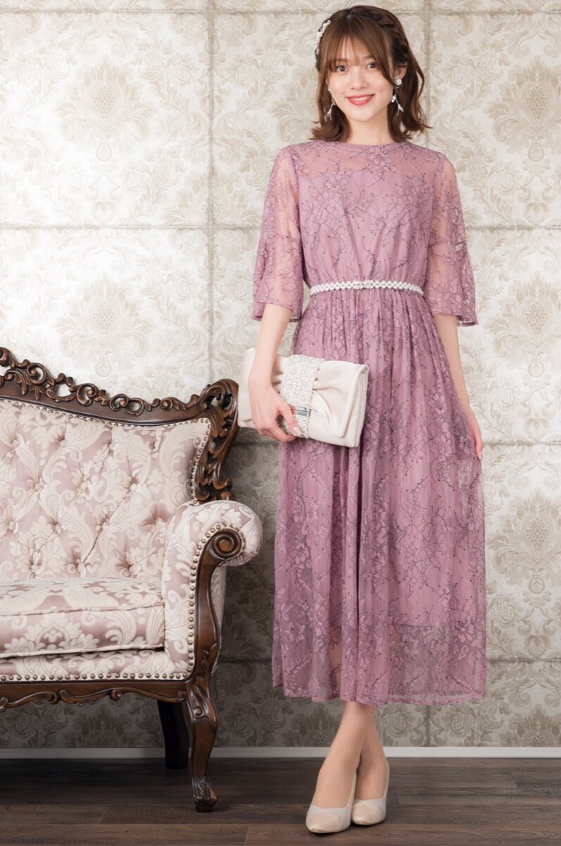 オールドローズの配色レース袖つきドレスの商品画像9