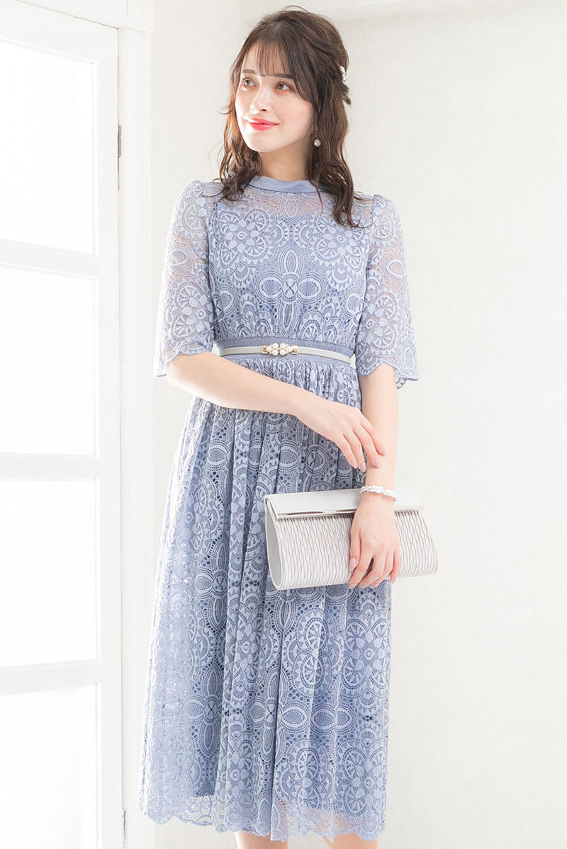 ブルーグレーの袖つきヴィンテージレースドレスの商品画像2