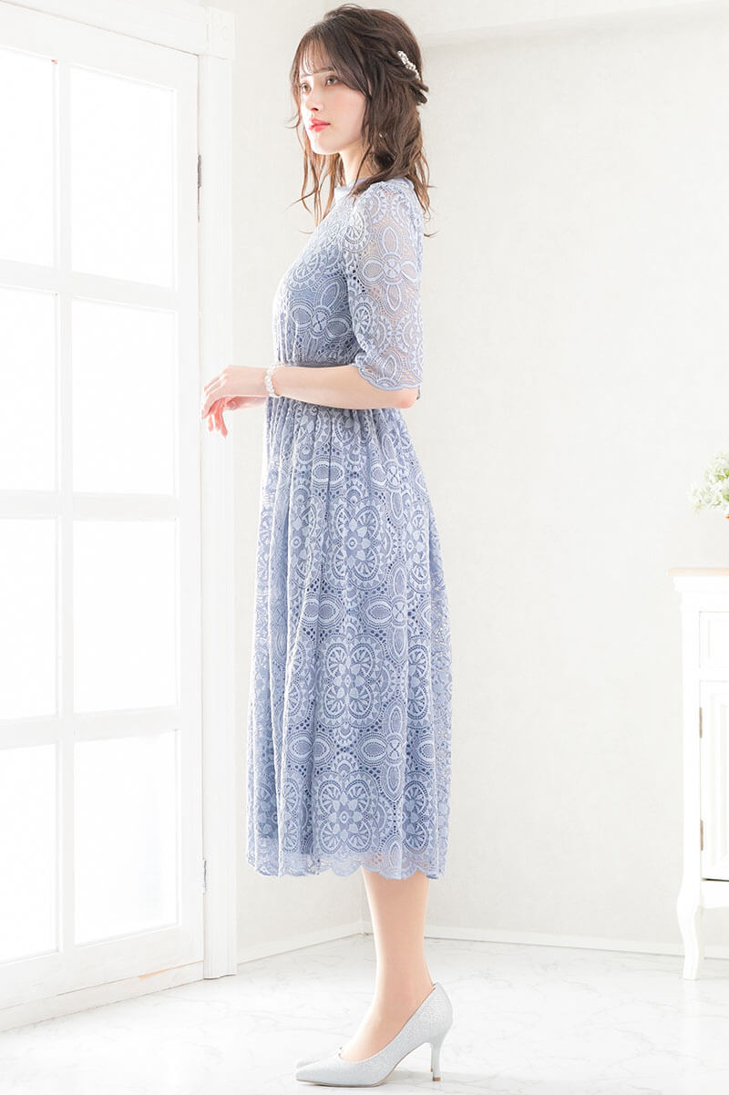 ブルーグレーの袖つきヴィンテージレースドレスの商品画像3
