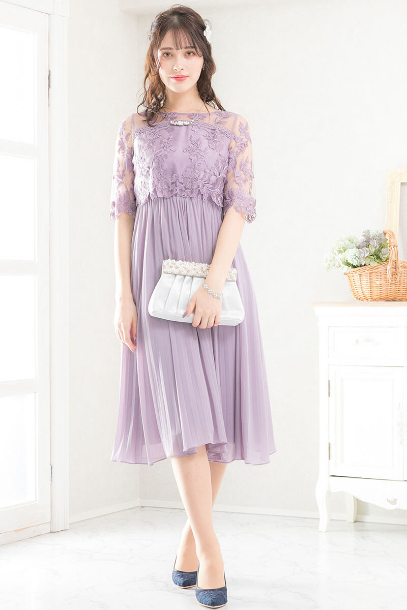 ラベンダーの袖つきフラワーレースドレスの商品画像6