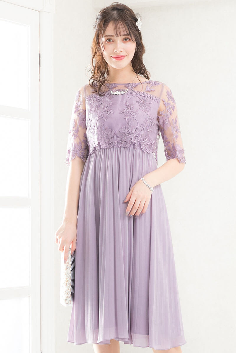 ラベンダーの袖つきフラワーレースドレスの商品画像7