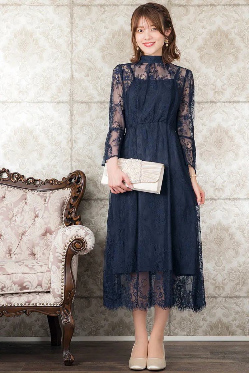 ネイビーのボウタイレースドレス Placebo M 結婚式パーティーのレンタルドレスはリリアージュ ネイビーのボウタイレースドレス Placebo M 結婚式パーティーのレンタルドレスはリリアージュ