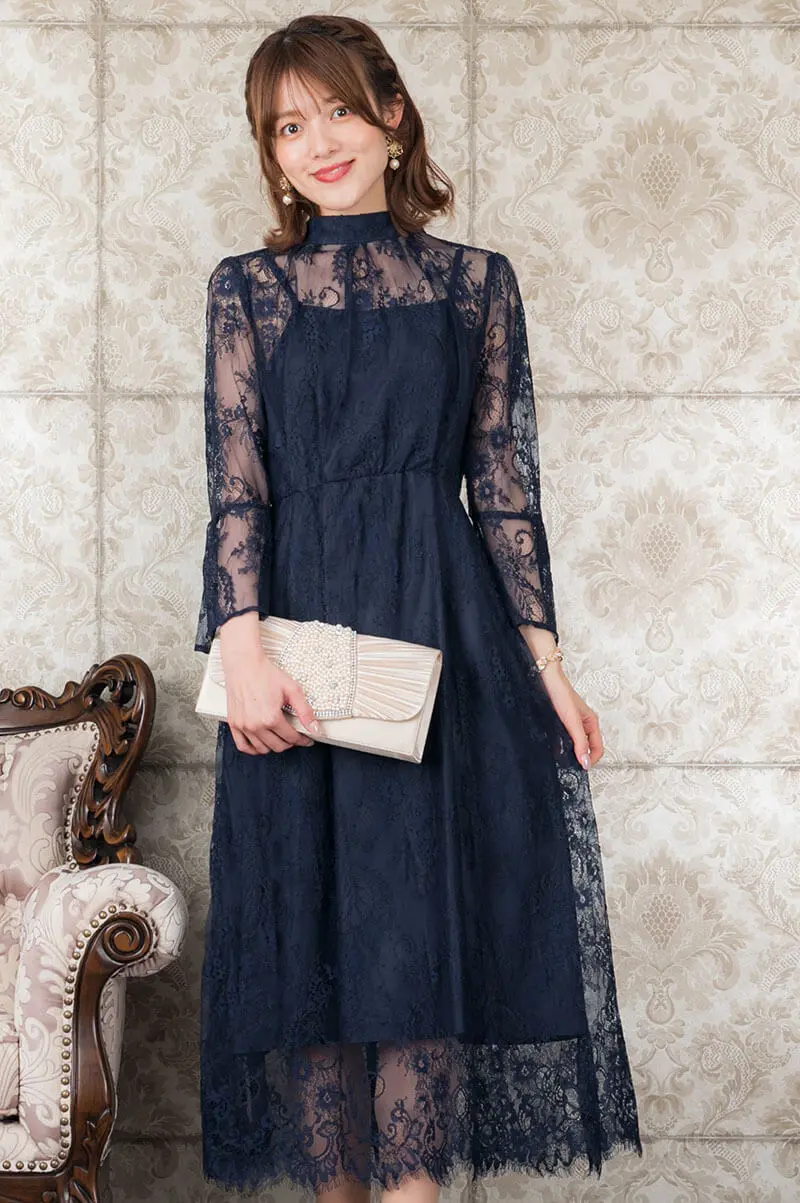 ネイビーのボウタイレースドレス Placebo M 結婚式パーティーのレンタルドレスはリリアージュ