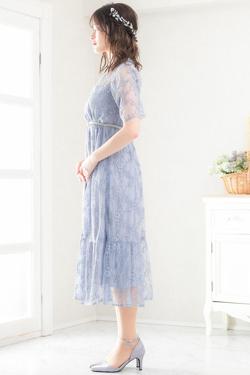 ブルーのパワショルティアードドレスの商品画像3