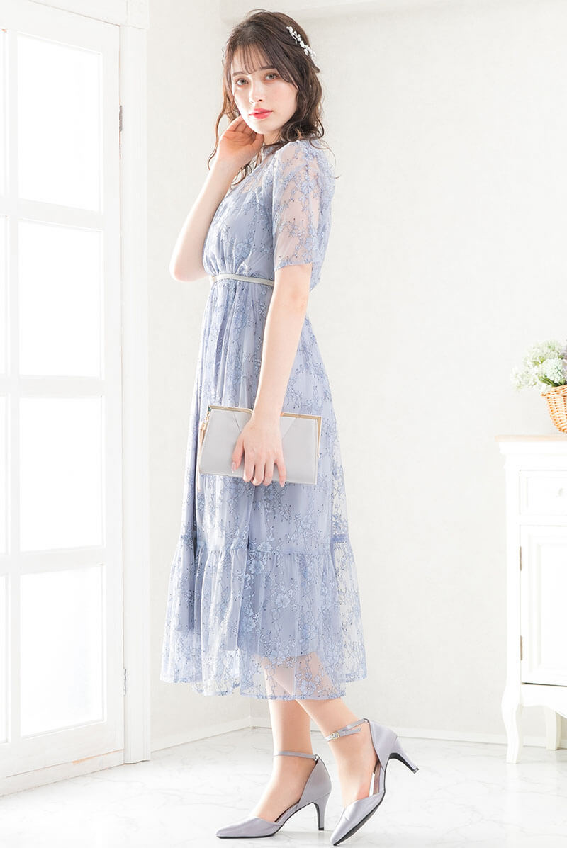 ブルーのパワショルティアードドレスの商品画像7