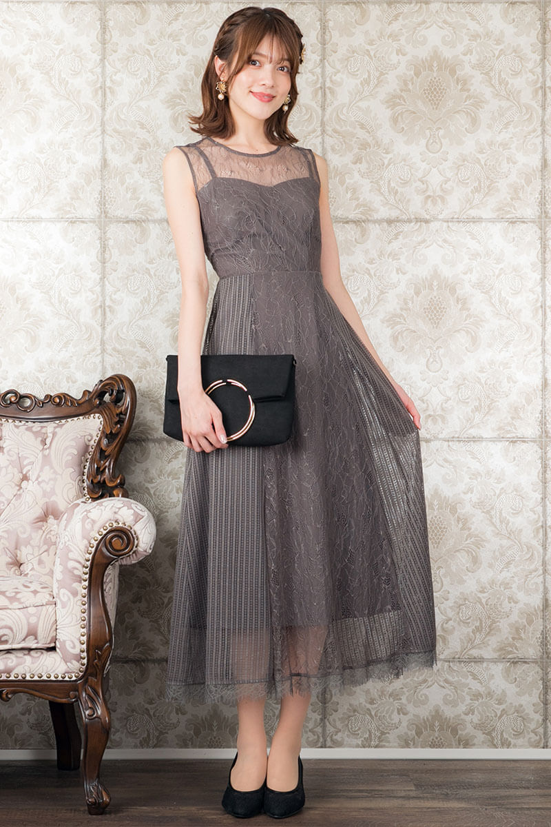 チャコールグレーのストライプレースドレスの商品画像11