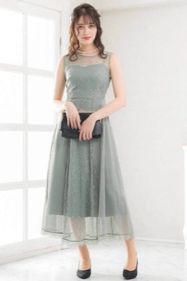 アッシュグリーンのストライプレースドレスのサムネイル画像