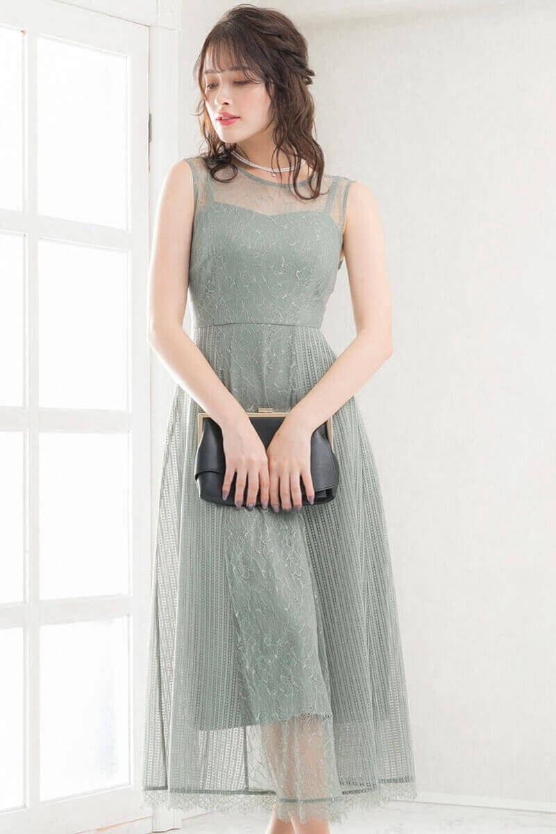 アッシュグリーンのストライプレースドレスの商品画像2
