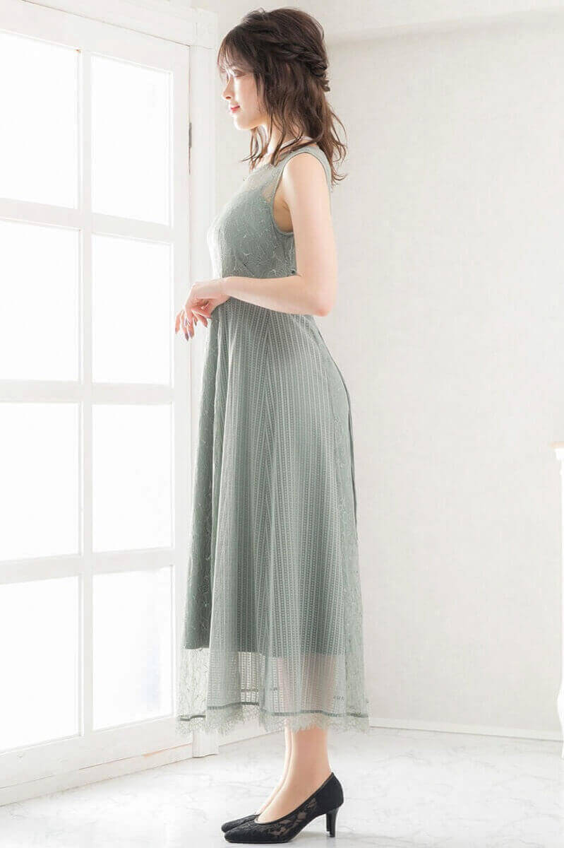 アッシュグリーンのストライプレースドレスの商品画像3