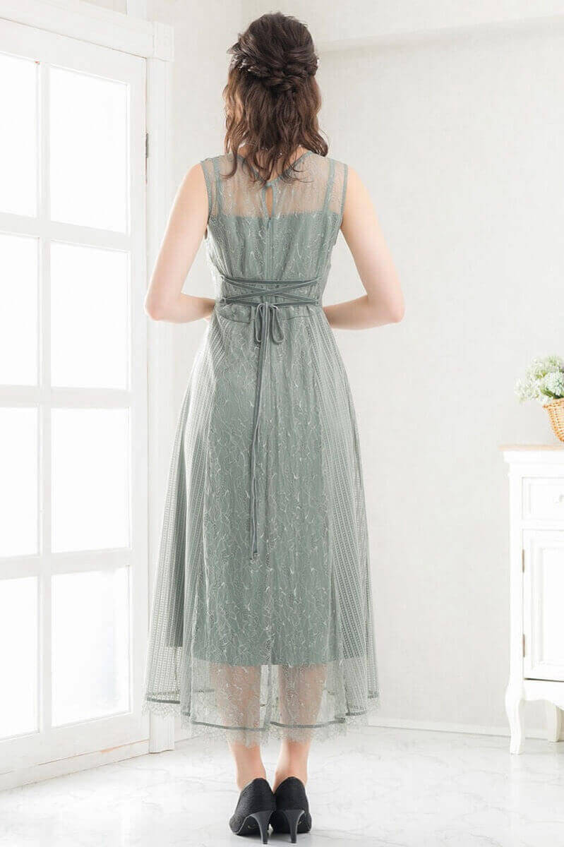 アッシュグリーンのストライプレースドレスの商品画像4