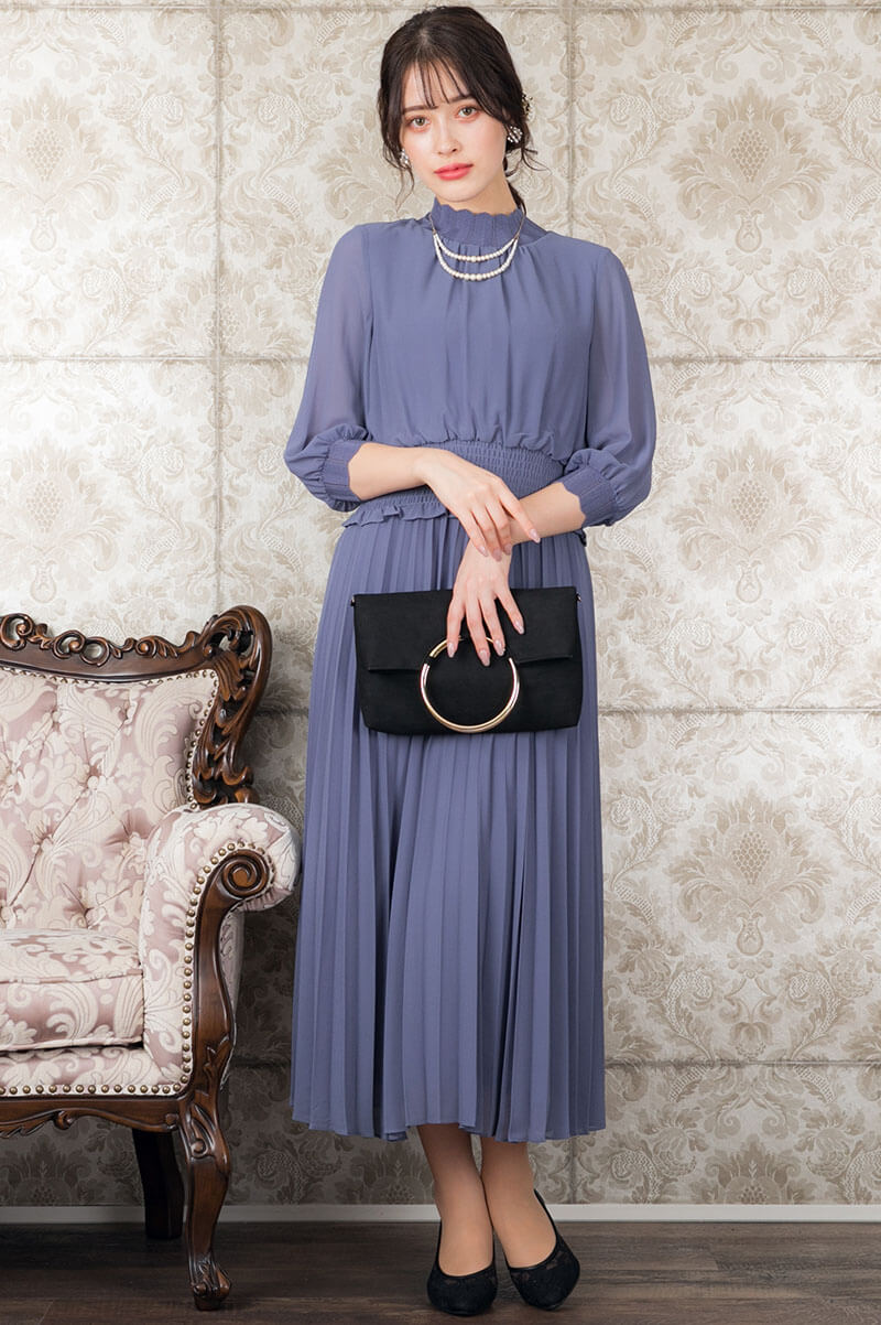 モーブブルーの袖つきロングプリーツドレスの商品画像6