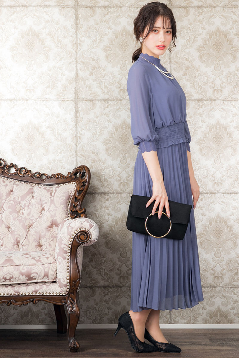 モーブブルーの袖つきロングプリーツドレスの商品画像7