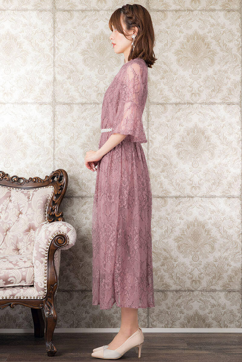 オールドローズの配色レース袖つきドレスの商品画像3