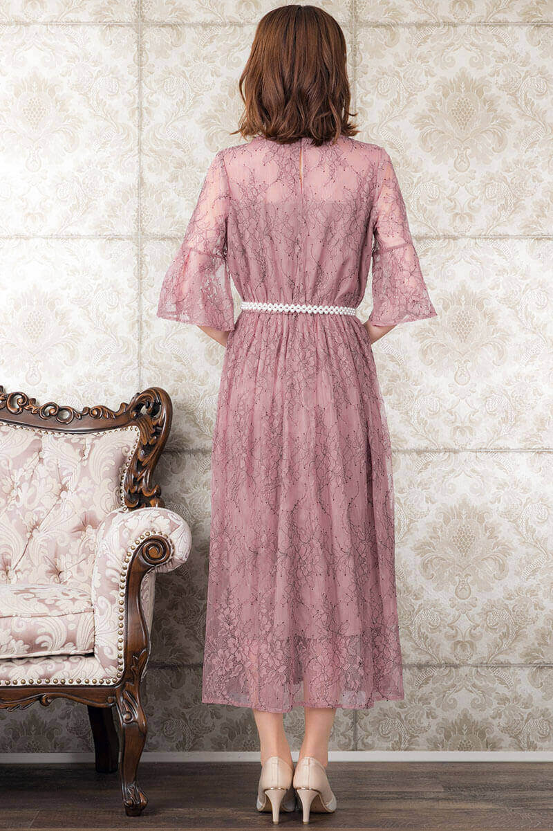 オールドローズの配色レース袖つきドレスの商品画像4