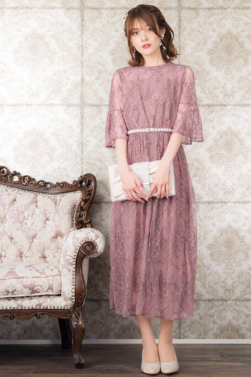 オールドローズの配色レース袖つきドレスの商品画像8
