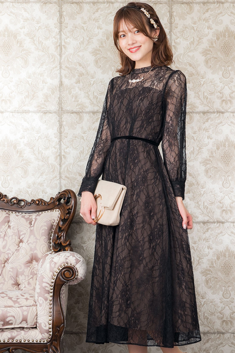 ブラックの袖つきシアーレースドレスの商品画像2