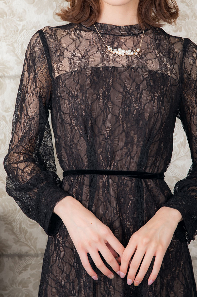 ブラックの袖つきシアーレースドレスの商品画像5