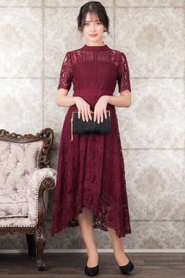 ボルドーのスタンドカラー総レースドレスのサムネイル画像