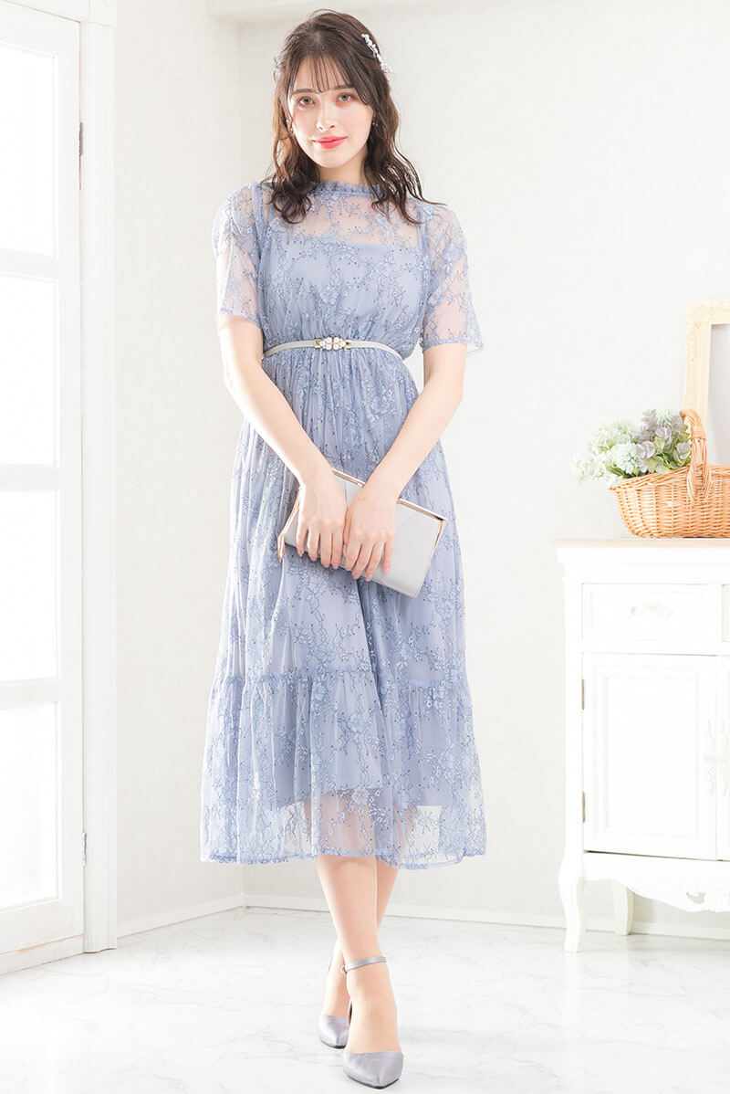 ブルーのパワショルティアードドレスの商品画像8