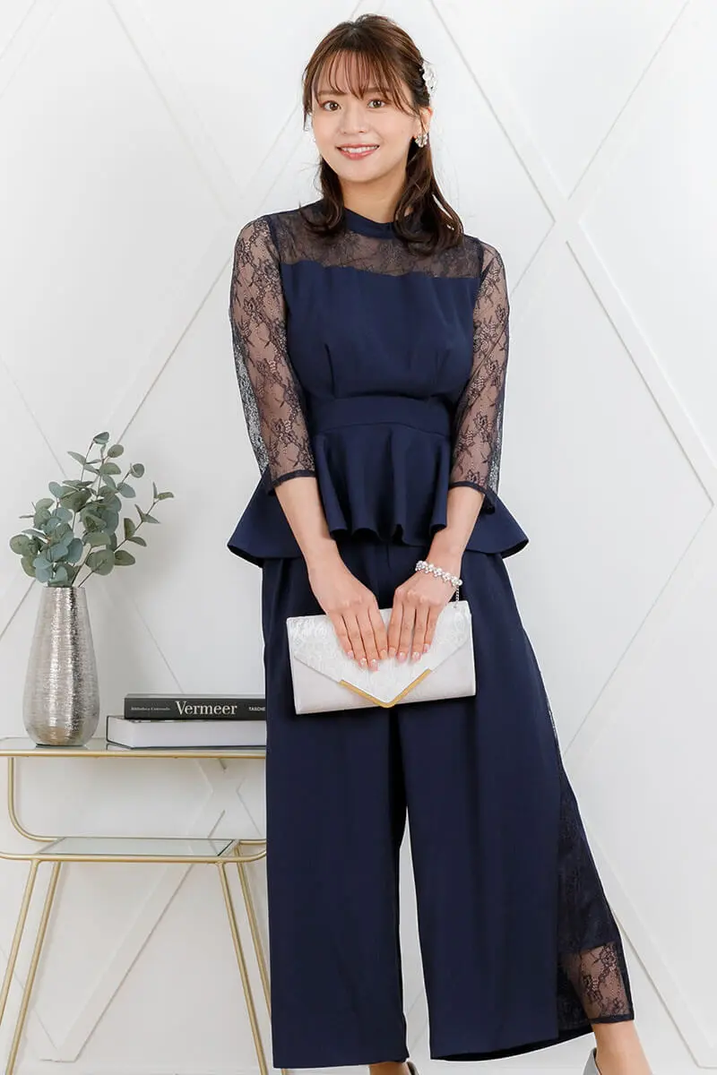 ネイビーのペプラムトップス付きワイドパンツ Rui Rue Boutiqve M 結婚式パーティーのレンタルドレスはリリアージュ