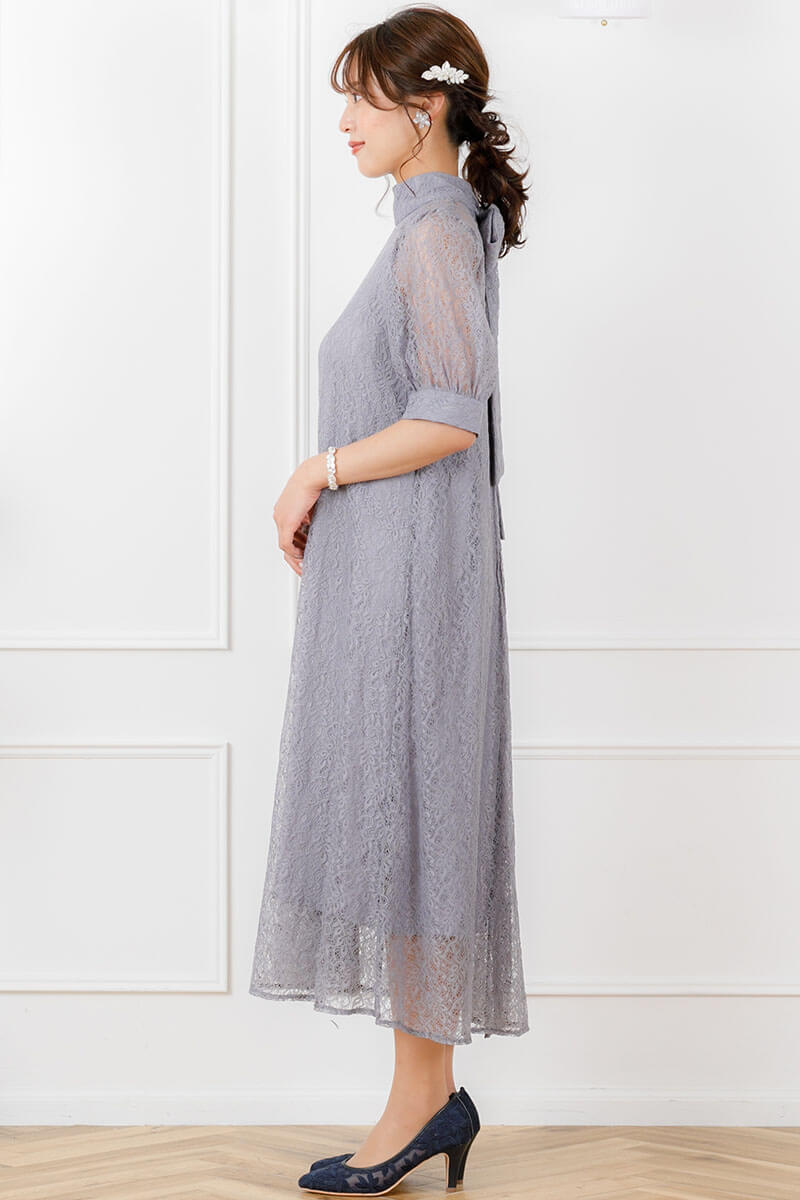ブルーグレーのバックリボンレースドレスの商品画像3