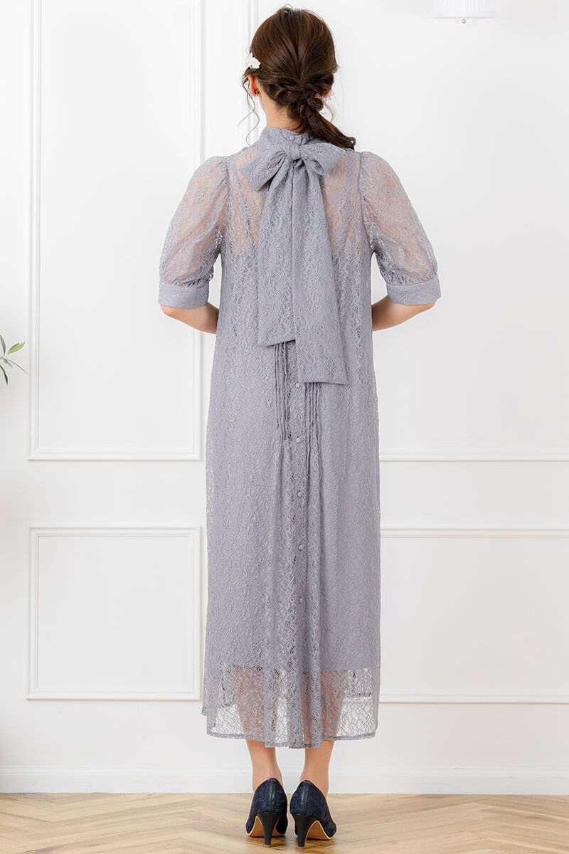ブルーグレーのバックリボンレースドレスの商品画像4