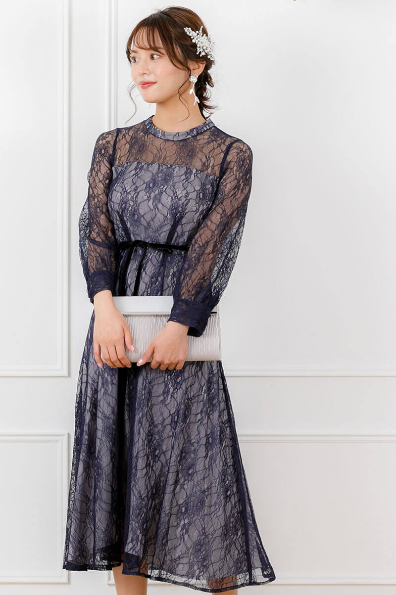 ネイビーの袖付きシアーレースドレスの商品画像2