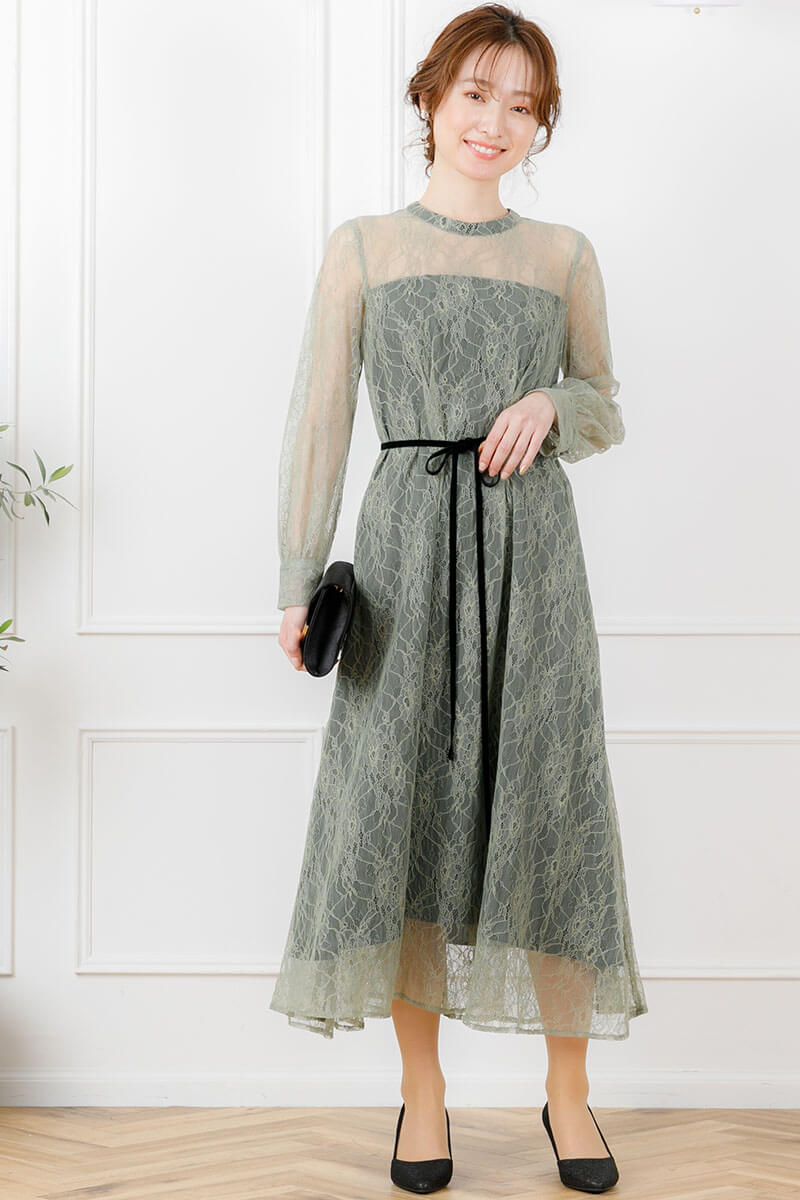 ライトグリーンの袖付きシアーレースドレスの商品画像1