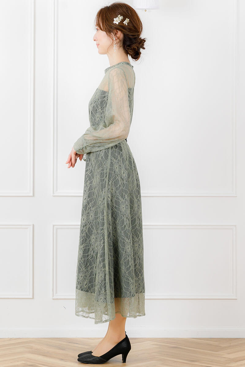 ライトグリーンの袖付きシアーレースドレスの商品画像3
