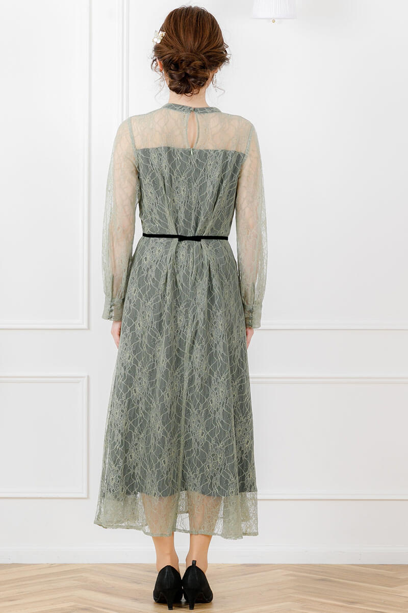 ライトグリーンの袖付きシアーレースドレスの商品画像4