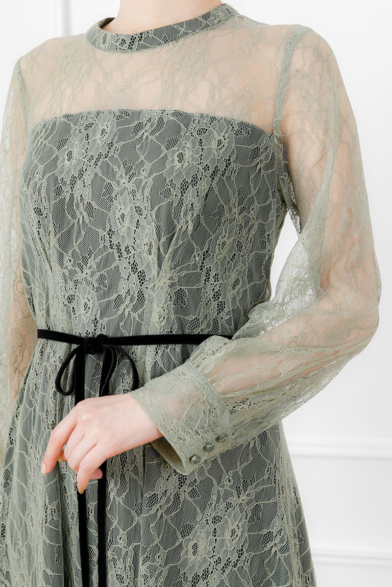 ライトグリーンの袖付きシアーレースドレスの商品画像5