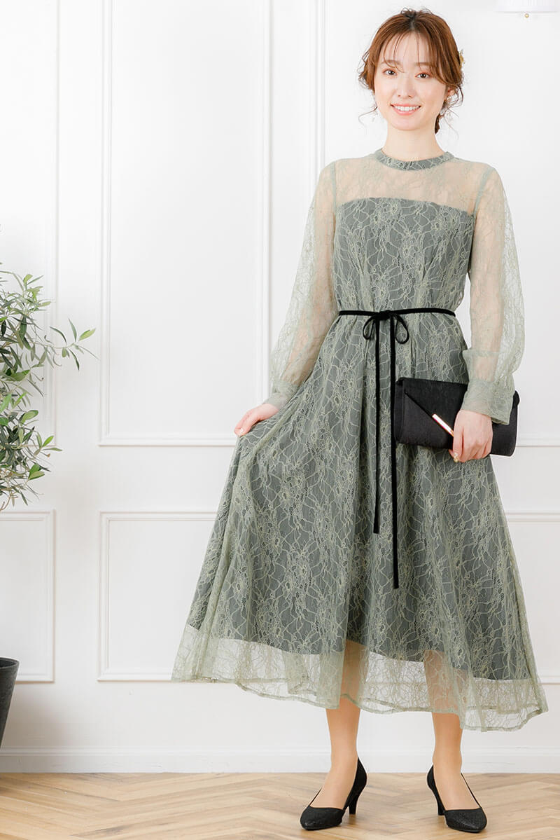 ライトグリーンの袖付きシアーレースドレスの商品画像6