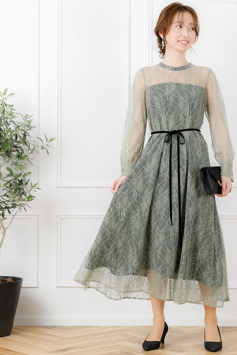 ライトグリーンの袖付きシアーレースドレスの商品画像8