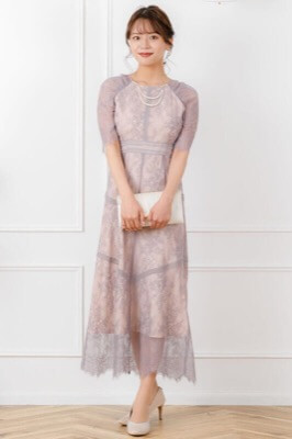 ラベンダーのショルダーギャザーレースドレスのサムネイル画像