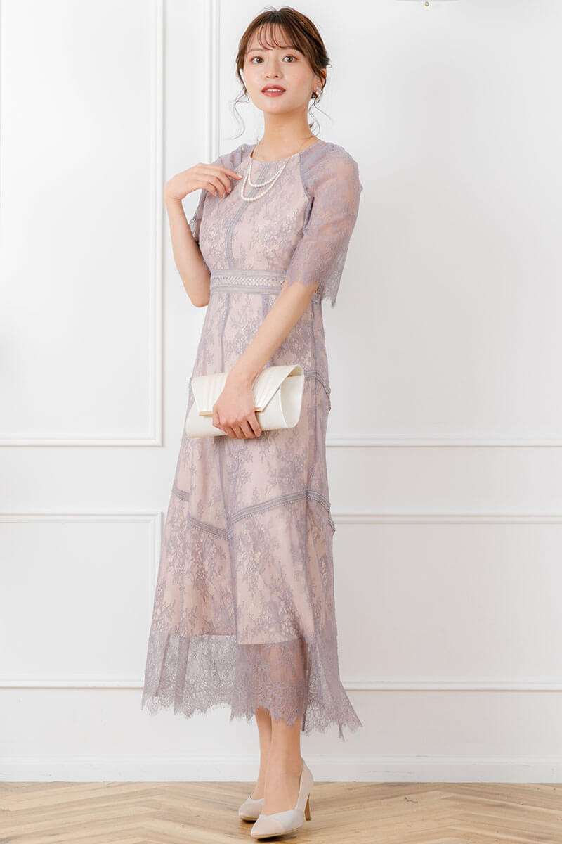 ラベンダーのショルダーギャザーレースドレスの商品画像7