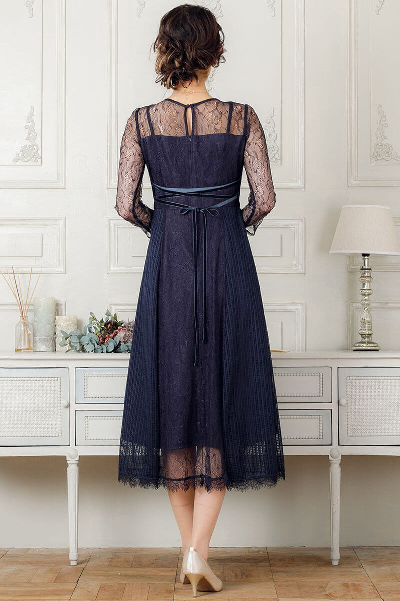 ネイビーの袖つきストライプレースドレスの商品画像4